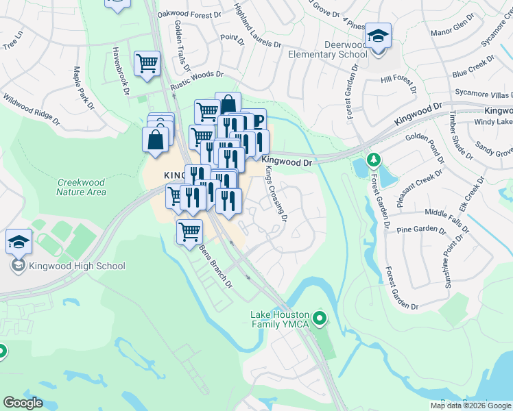 map of restaurants, bars, coffee shops, grocery stores, and more near 2815 Kings Crossing Drive in Humble