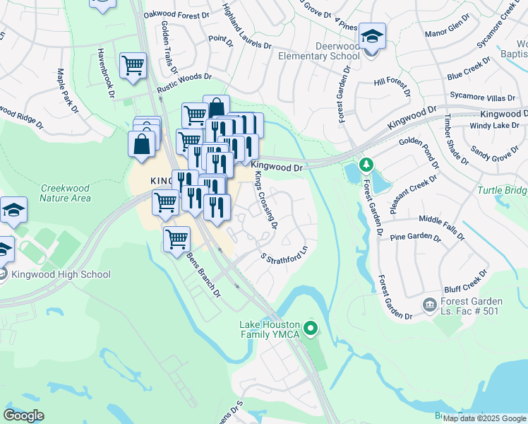 map of restaurants, bars, coffee shops, grocery stores, and more near 2746 King's Retreat Circle in Houston