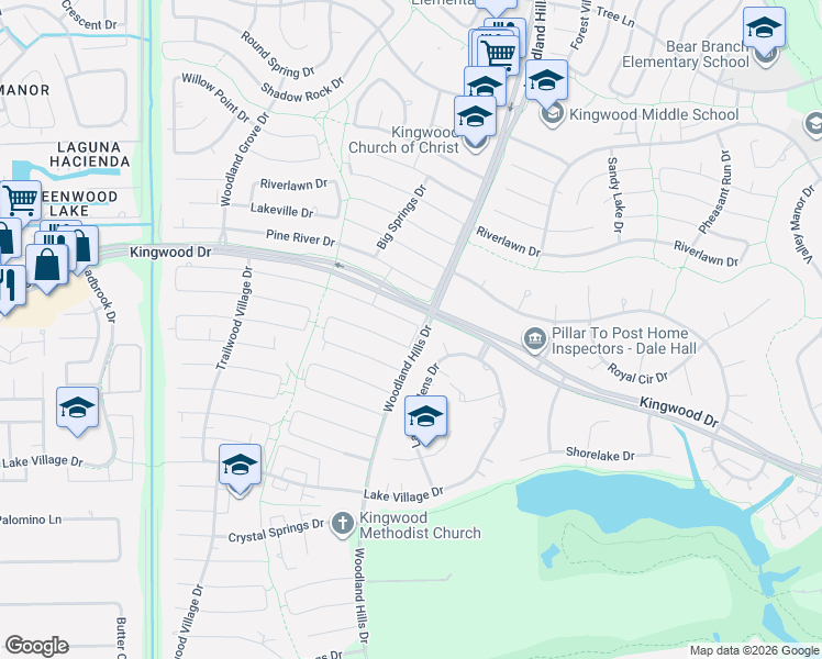 map of restaurants, bars, coffee shops, grocery stores, and more near 2223 River Falls Drive in Houston