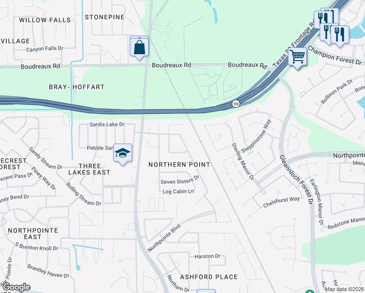 map of restaurants, bars, coffee shops, grocery stores, and more near 19711 Bold River Road in Tomball
