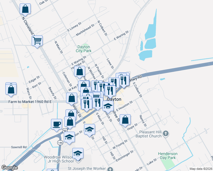 map of restaurants, bars, coffee shops, grocery stores, and more near 307 North Winfree Street in Dayton
