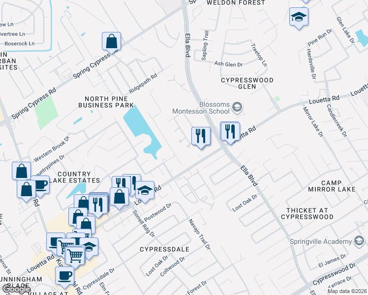 map of restaurants, bars, coffee shops, grocery stores, and more near 19302 Country Village Drive in Spring