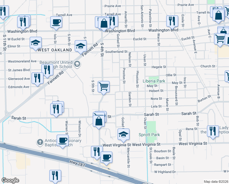 map of restaurants, bars, coffee shops, grocery stores, and more near 2750 Hebert Street in Beaumont