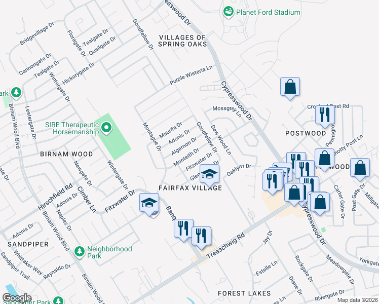 map of restaurants, bars, coffee shops, grocery stores, and more near 4915 Monteith Drive in Spring