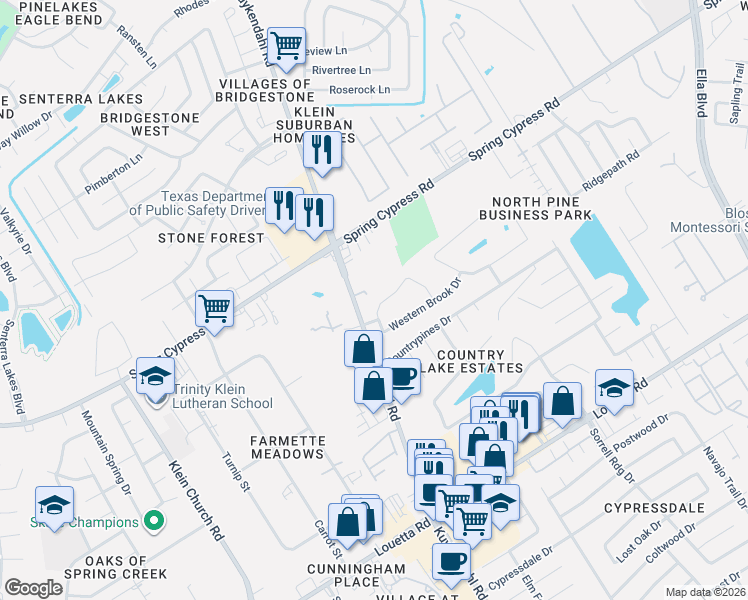 map of restaurants, bars, coffee shops, grocery stores, and more near 19627 Slate Hills Lane in Spring