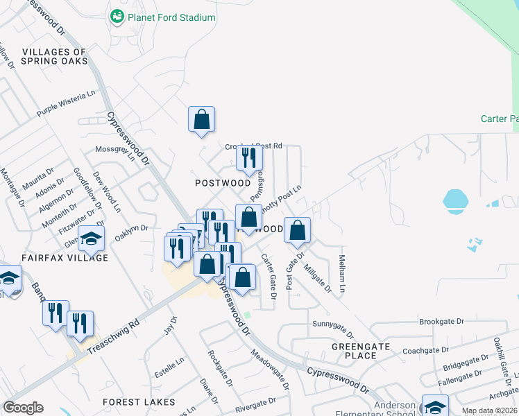 map of restaurants, bars, coffee shops, grocery stores, and more near 23007 Good Dale Lane in Spring