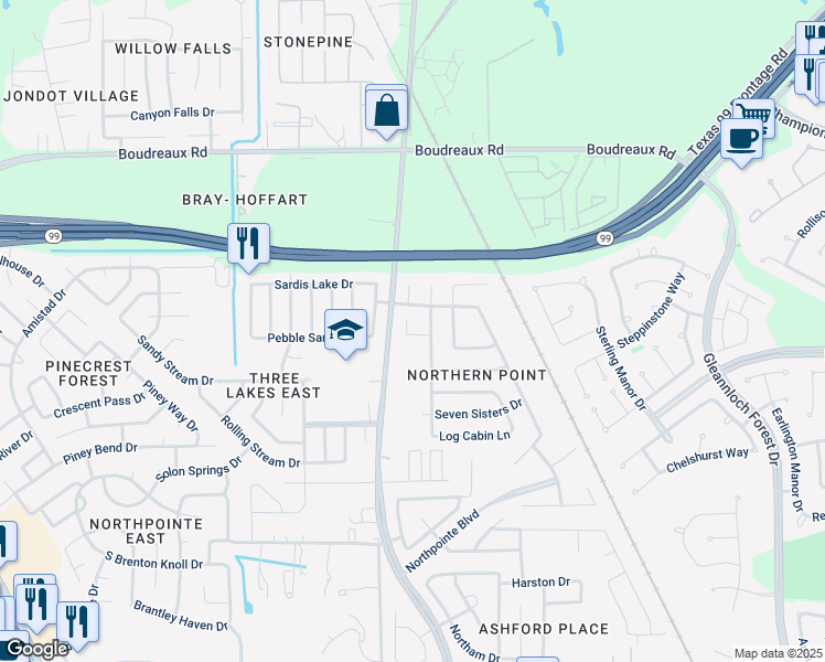 map of restaurants, bars, coffee shops, grocery stores, and more near 19710 Moose Cove Court in Tomball