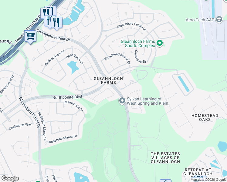 map of restaurants, bars, coffee shops, grocery stores, and more near 19622 Candlewood Oaks Lane in Spring