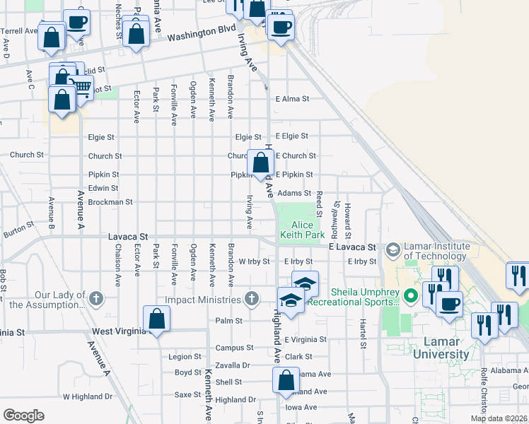 map of restaurants, bars, coffee shops, grocery stores, and more near 573 Nolan Street in Beaumont