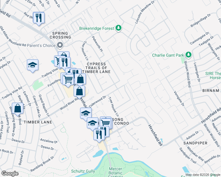 map of restaurants, bars, coffee shops, grocery stores, and more near 22919 Pine Mist Lane in Spring