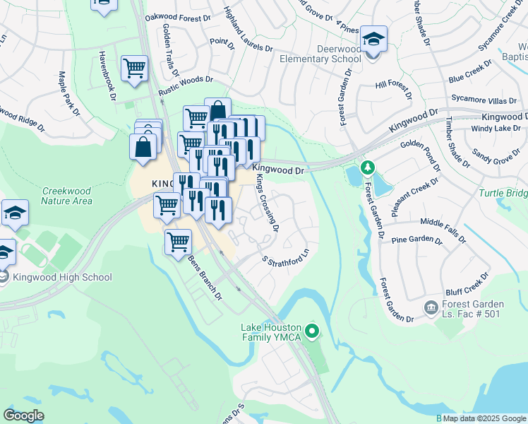 map of restaurants, bars, coffee shops, grocery stores, and more near 2740 King's Retreat Circle in Houston