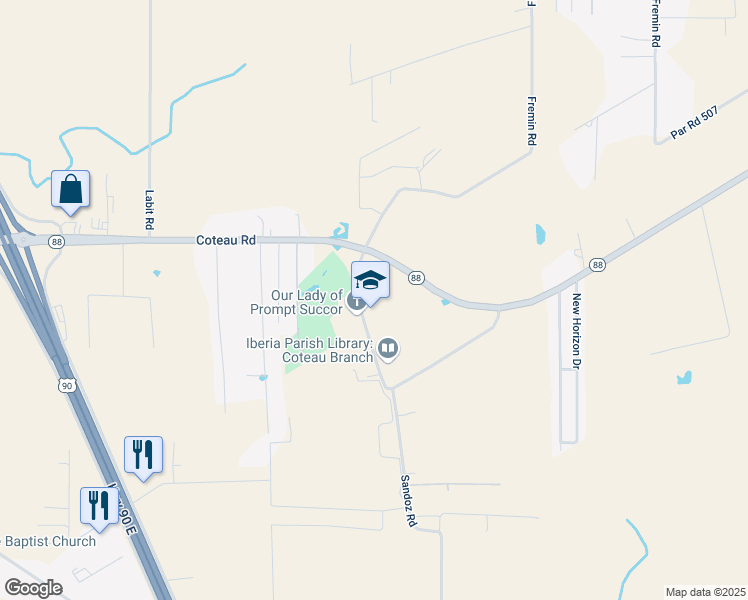map of restaurants, bars, coffee shops, grocery stores, and more near 2414 Coteau Road in New Iberia