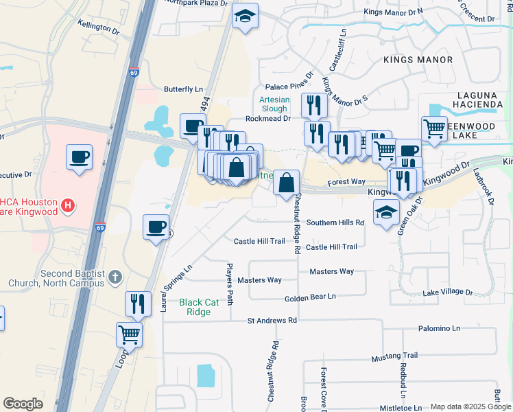 map of restaurants, bars, coffee shops, grocery stores, and more near 938 Kingwood Drive in Humble