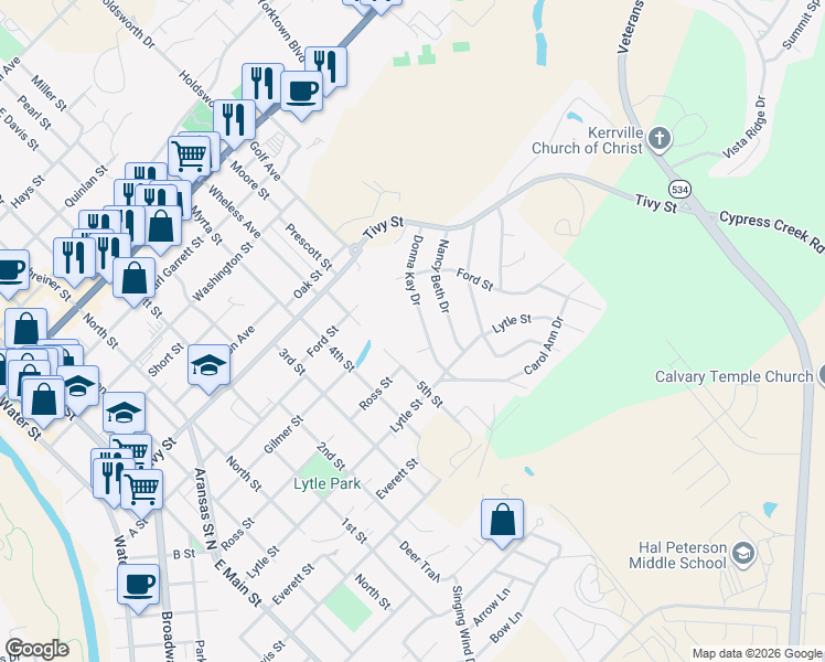 map of restaurants, bars, coffee shops, grocery stores, and more near 1216 5th Street in Kerrville