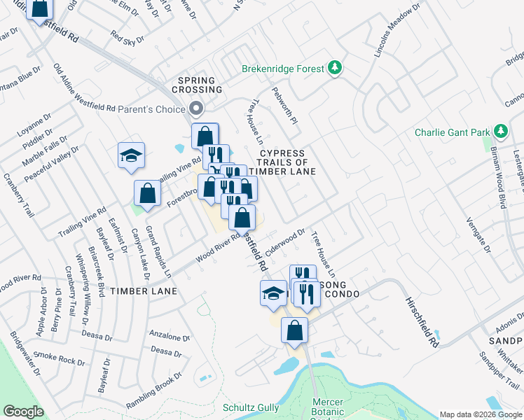 map of restaurants, bars, coffee shops, grocery stores, and more near 23215 Summer Pine Drive in Spring
