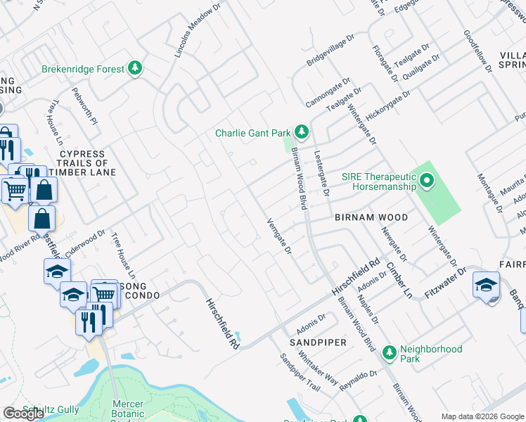 map of restaurants, bars, coffee shops, grocery stores, and more near 23657 Verngate Drive in Spring