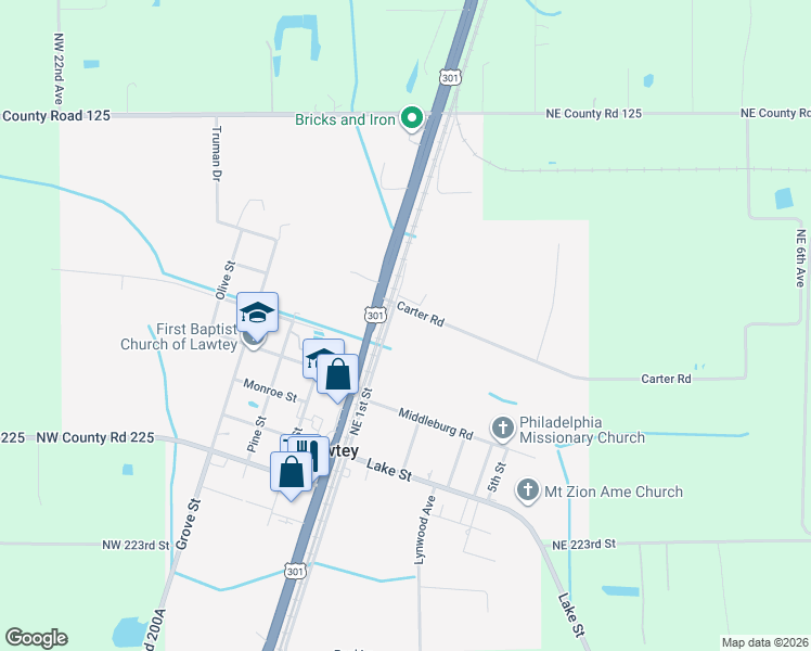 map of restaurants, bars, coffee shops, grocery stores, and more near 1176-1186 Northeast 1st Street in Lawtey