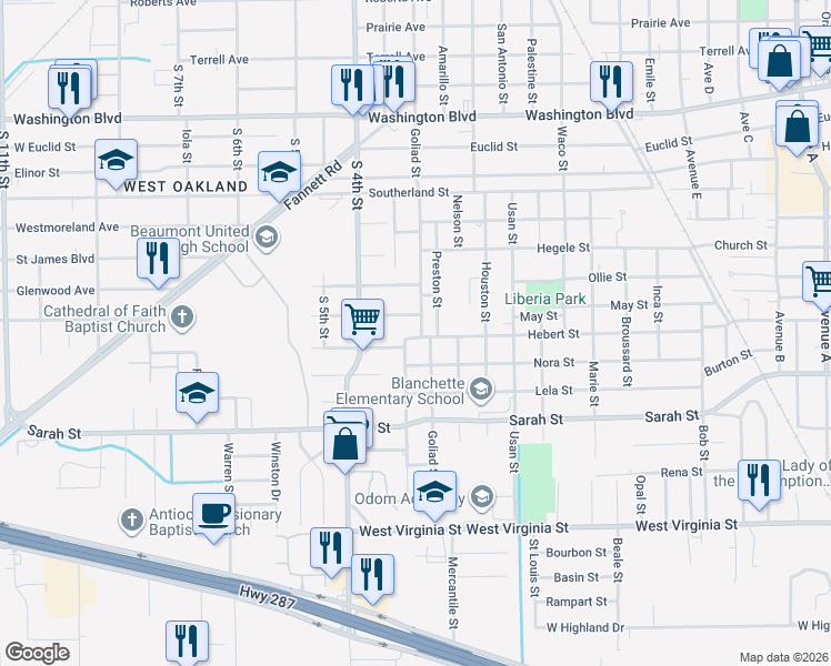 map of restaurants, bars, coffee shops, grocery stores, and more near 3940 Goliad Street in Beaumont