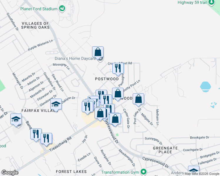 map of restaurants, bars, coffee shops, grocery stores, and more near 23118 Postwood Oaks Drive in Spring
