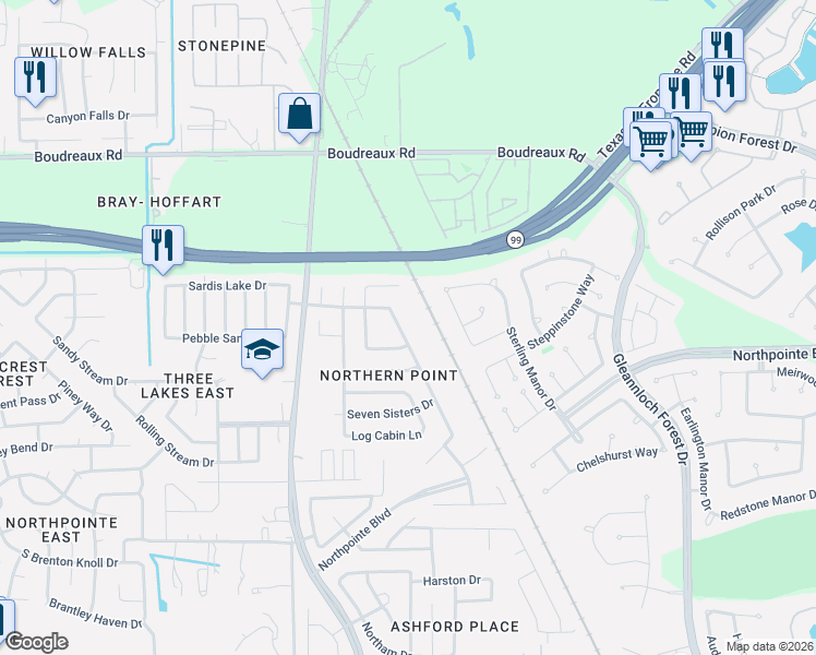 map of restaurants, bars, coffee shops, grocery stores, and more near 19618 Bold River Road in Tomball