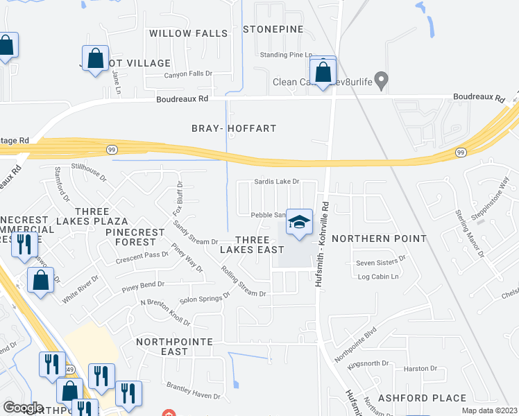 map of restaurants, bars, coffee shops, grocery stores, and more near 19711 Waterflower Drive in Tomball