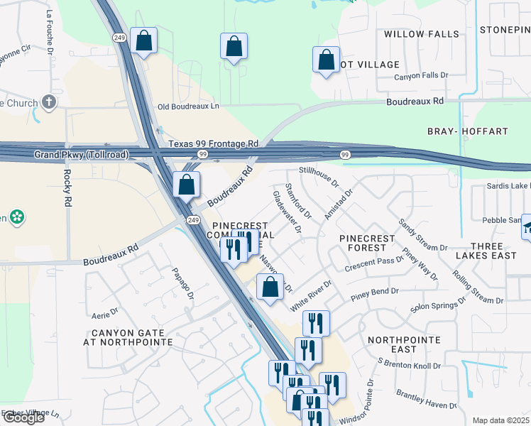 map of restaurants, bars, coffee shops, grocery stores, and more near 12243 Noco Drive in Tomball