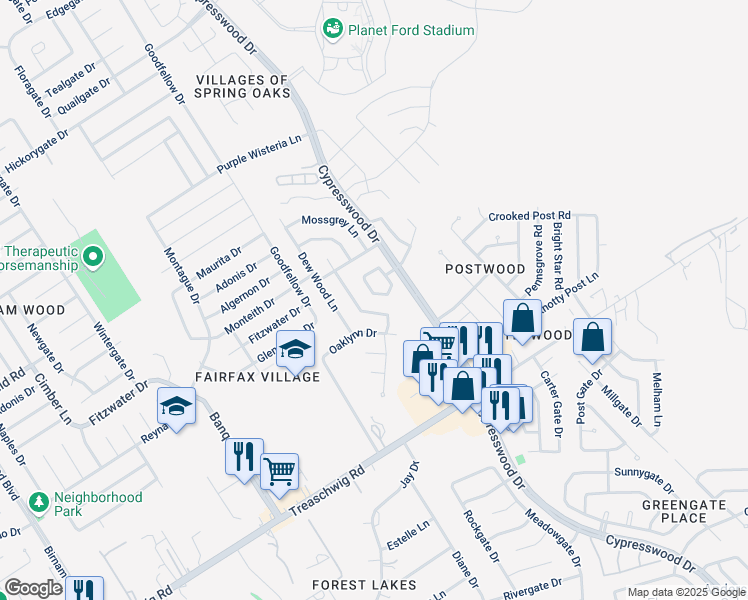 map of restaurants, bars, coffee shops, grocery stores, and more near 23119 Kimberly Glen Lane in Spring