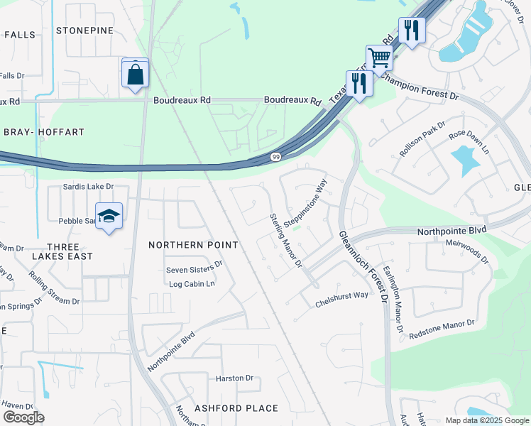map of restaurants, bars, coffee shops, grocery stores, and more near 1222 Dunston Falls Drive in Spring