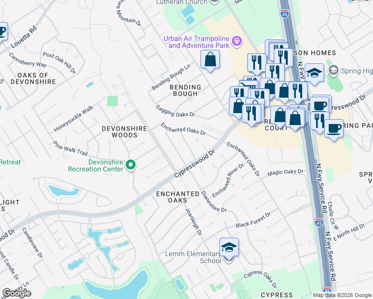 map of restaurants, bars, coffee shops, grocery stores, and more near 19515 Dianeshire Drive in Spring