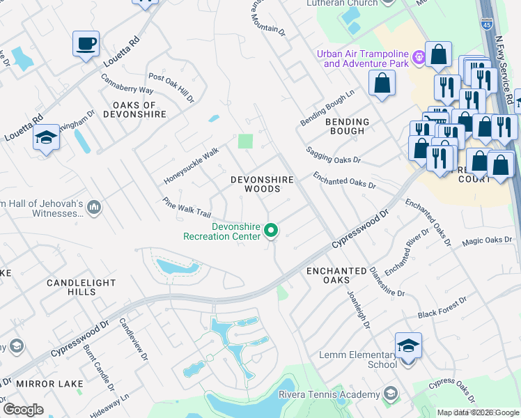 map of restaurants, bars, coffee shops, grocery stores, and more near 542 Pine Walk Trail in Spring