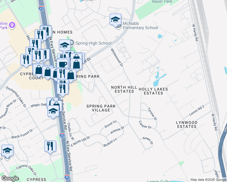 map of restaurants, bars, coffee shops, grocery stores, and more near 606 Ringwood Street in Spring