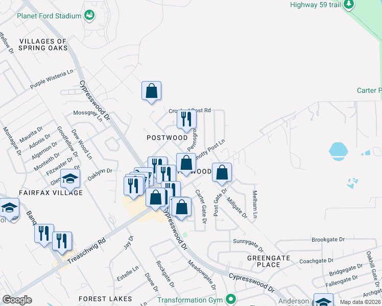 map of restaurants, bars, coffee shops, grocery stores, and more near 23007 Good Dale Lane in Spring