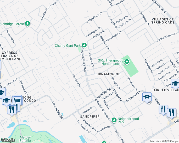 map of restaurants, bars, coffee shops, grocery stores, and more near 4302 Chestergate Drive in Spring