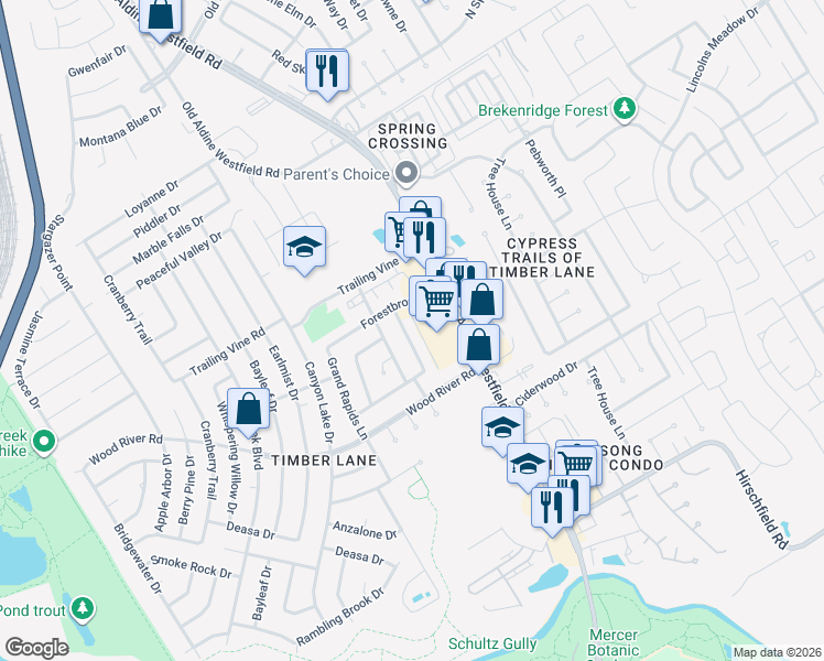 map of restaurants, bars, coffee shops, grocery stores, and more near 23227 Timberbrook Drive in Spring