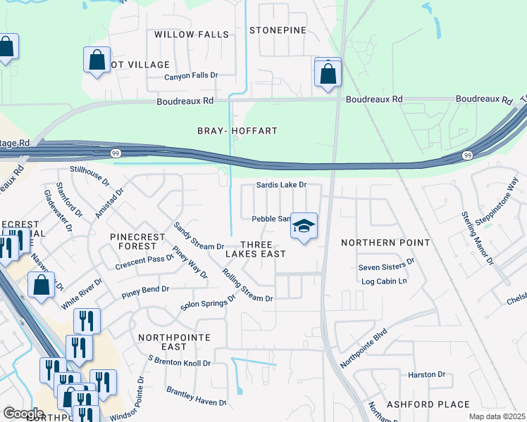 map of restaurants, bars, coffee shops, grocery stores, and more near 11807 Pebble Sands Drive in Tomball
