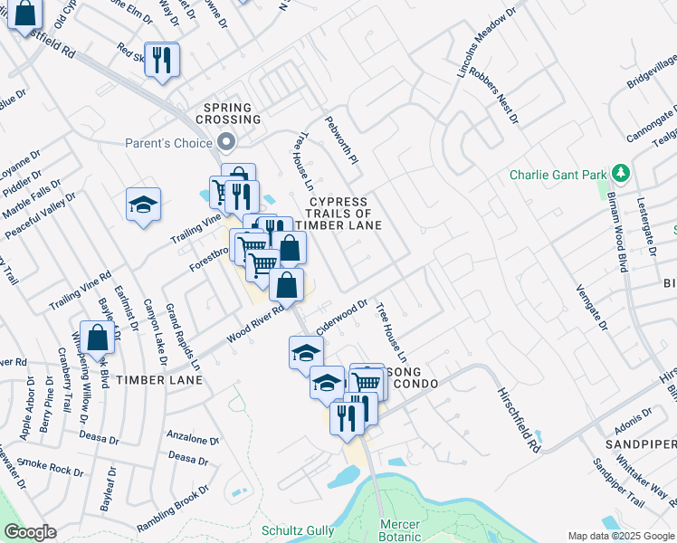 map of restaurants, bars, coffee shops, grocery stores, and more near 3106 Raccoon Run in Spring