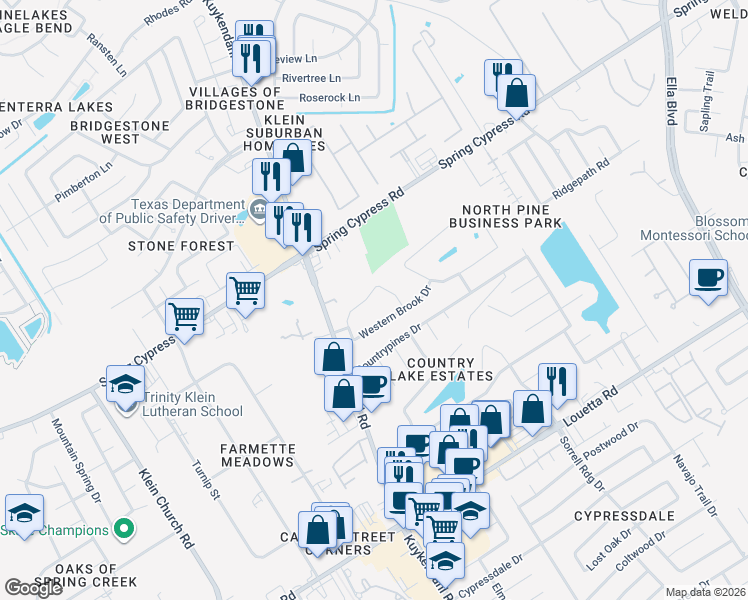 map of restaurants, bars, coffee shops, grocery stores, and more near 4606 Verbena Valley Way in Spring