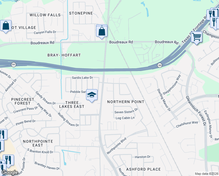 map of restaurants, bars, coffee shops, grocery stores, and more near 19802 Rippling Brook Lane in Tomball