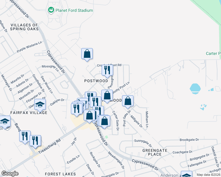 map of restaurants, bars, coffee shops, grocery stores, and more near 23114 Hill Creek Road in Spring