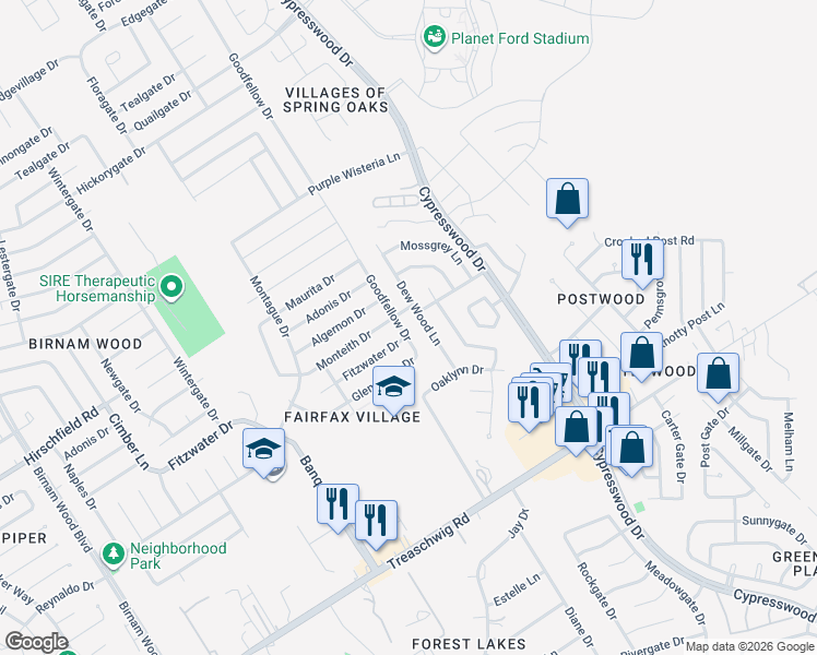 map of restaurants, bars, coffee shops, grocery stores, and more near 23303 Dew Wood Lane in Spring