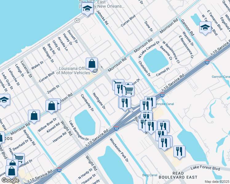 map of restaurants, bars, coffee shops, grocery stores, and more near 7310 Bullard Avenue in New Orleans