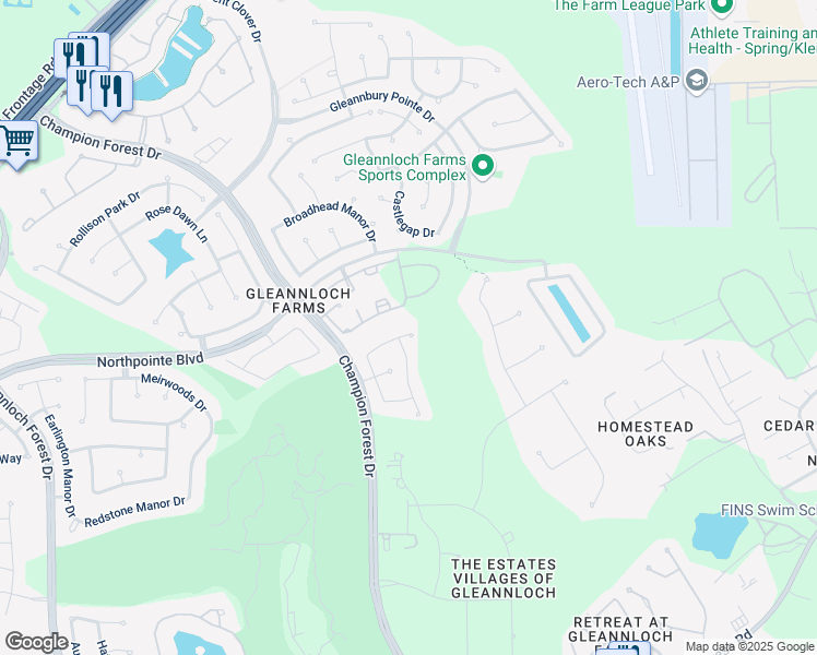 map of restaurants, bars, coffee shops, grocery stores, and more near 9406 Needham Cross Drive in Spring