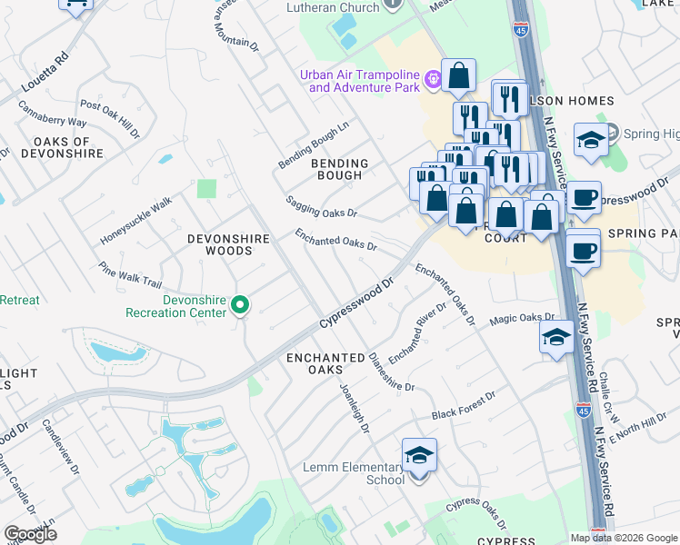 map of restaurants, bars, coffee shops, grocery stores, and more near 19607 Enchanted Spring Drive in Spring