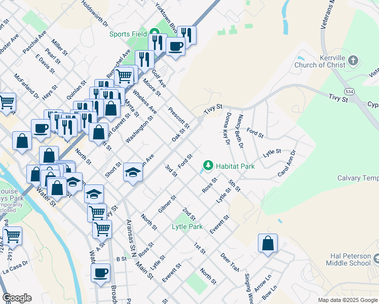 map of restaurants, bars, coffee shops, grocery stores, and more near 916 Ford Street in Kerrville