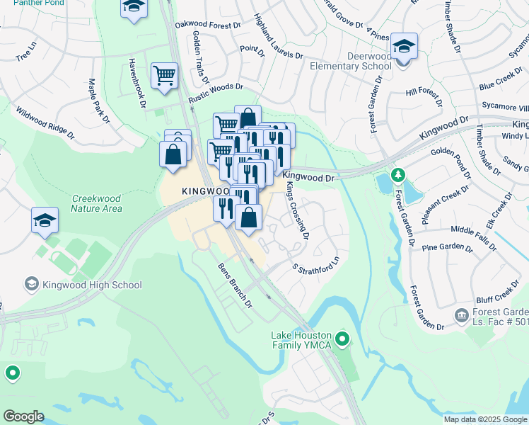 map of restaurants, bars, coffee shops, grocery stores, and more near 2803 King's Retreat Circle in Houston