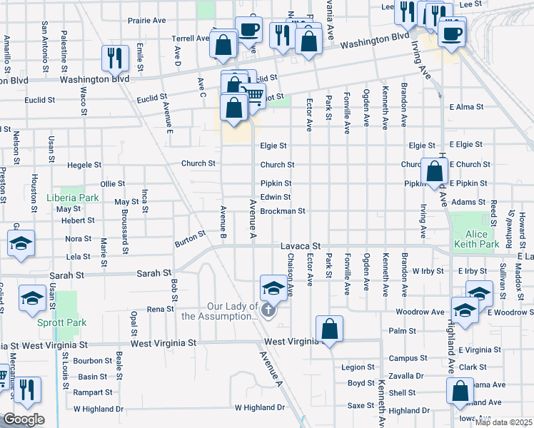 map of restaurants, bars, coffee shops, grocery stores, and more near 1375 Edwin Street in Beaumont