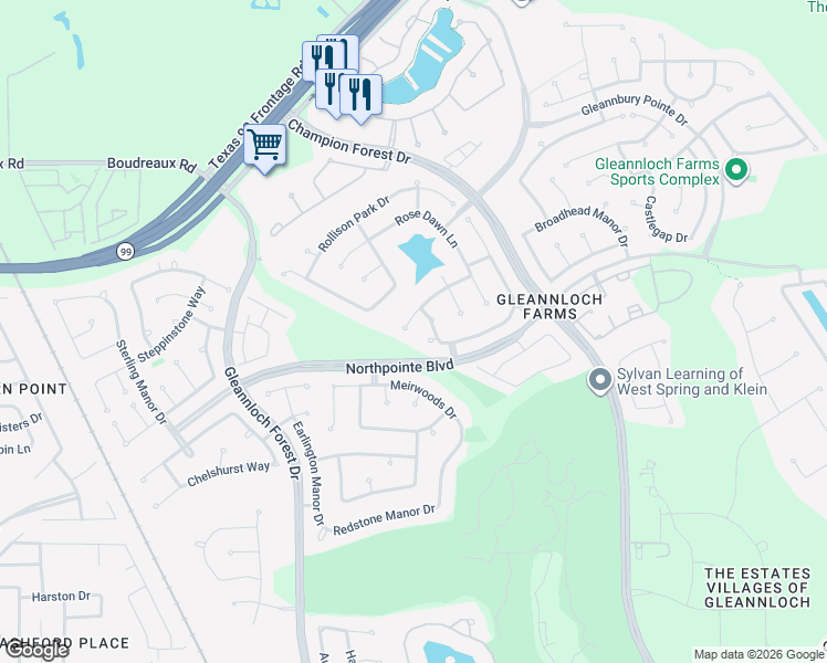 map of restaurants, bars, coffee shops, grocery stores, and more near 9903 Prairie Clover Lane in Spring