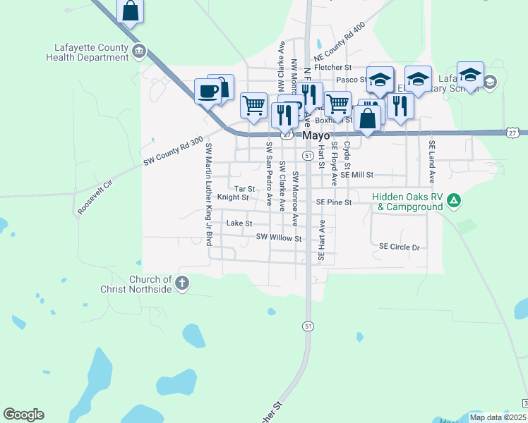 map of restaurants, bars, coffee shops, grocery stores, and more near 363 Southwest San Pedro Avenue in Mayo