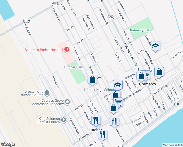 map of restaurants, bars, coffee shops, grocery stores, and more near 1507 3rd Street in Lutcher