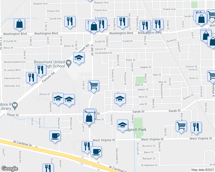 map of restaurants, bars, coffee shops, grocery stores, and more near 2715 Edmonds Avenue in Beaumont